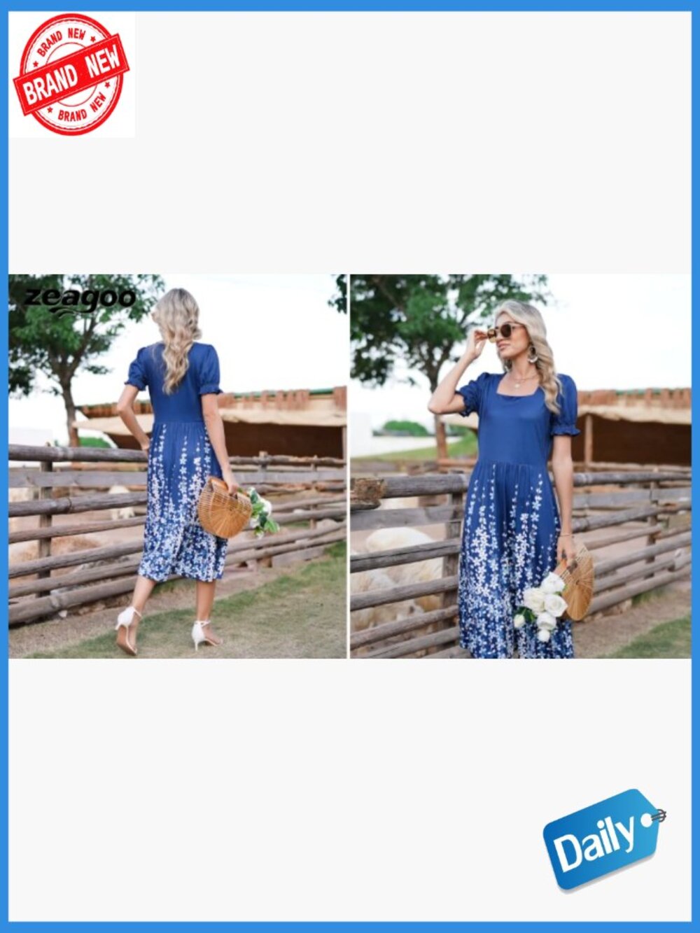 Flowy Midi Dress with Pockets Short Sleeve Square Neck Tiered Swing Dress - Picture 7 of 7